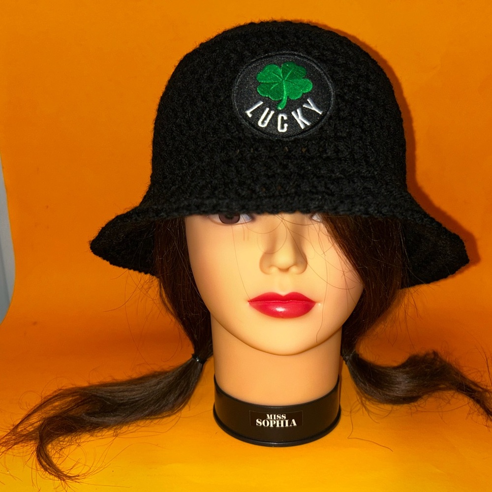 Handmade Crocheted Black Bucket Hat with Green 🍀 Lucky Clover